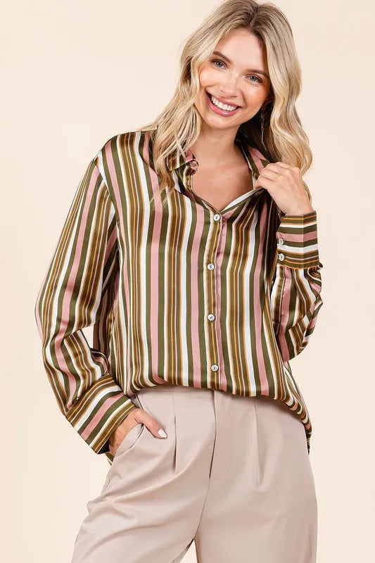 Mauve Multicolor Mittoshop Striped Button Down Satin Shirt