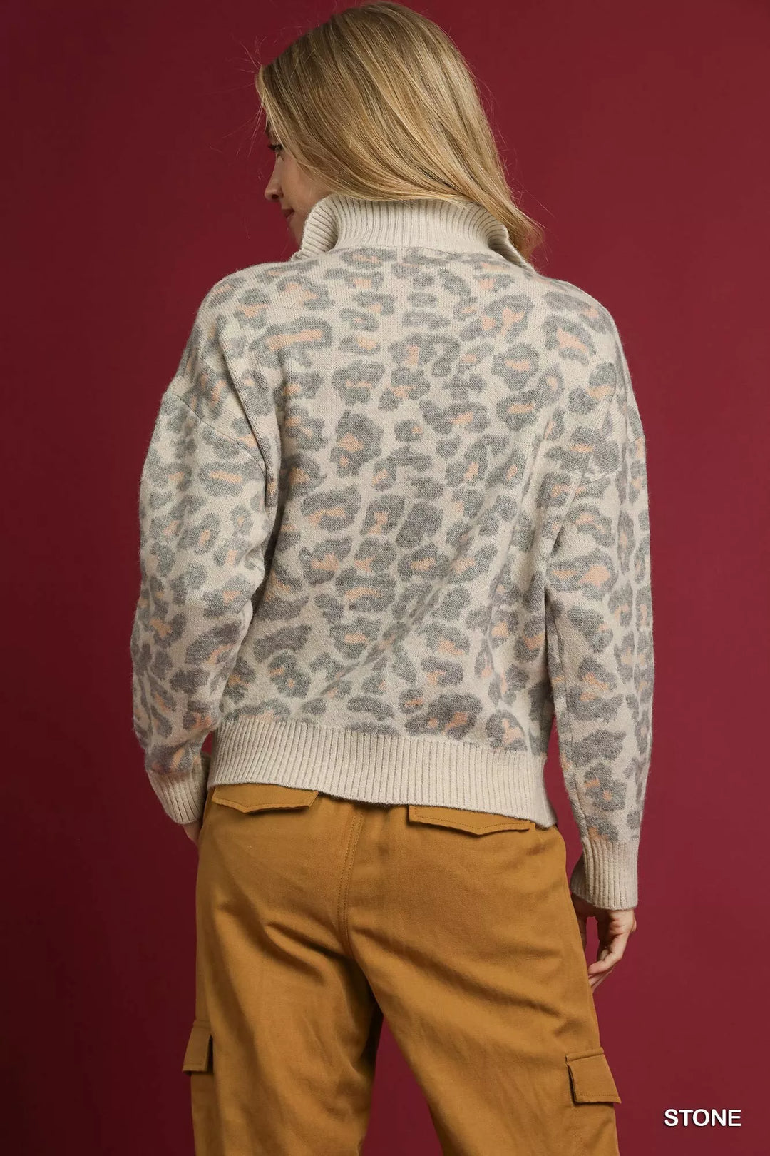 Stone Umgee Leopard Print Quarter Zip Knit Sweater