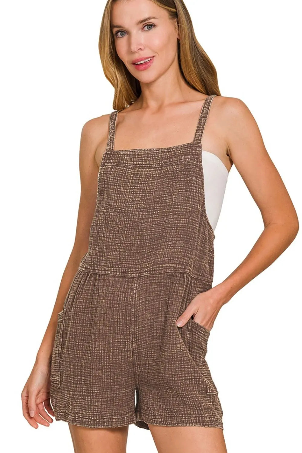 Brown Zenana Washed Double Gauze Tie Back Rompers 2