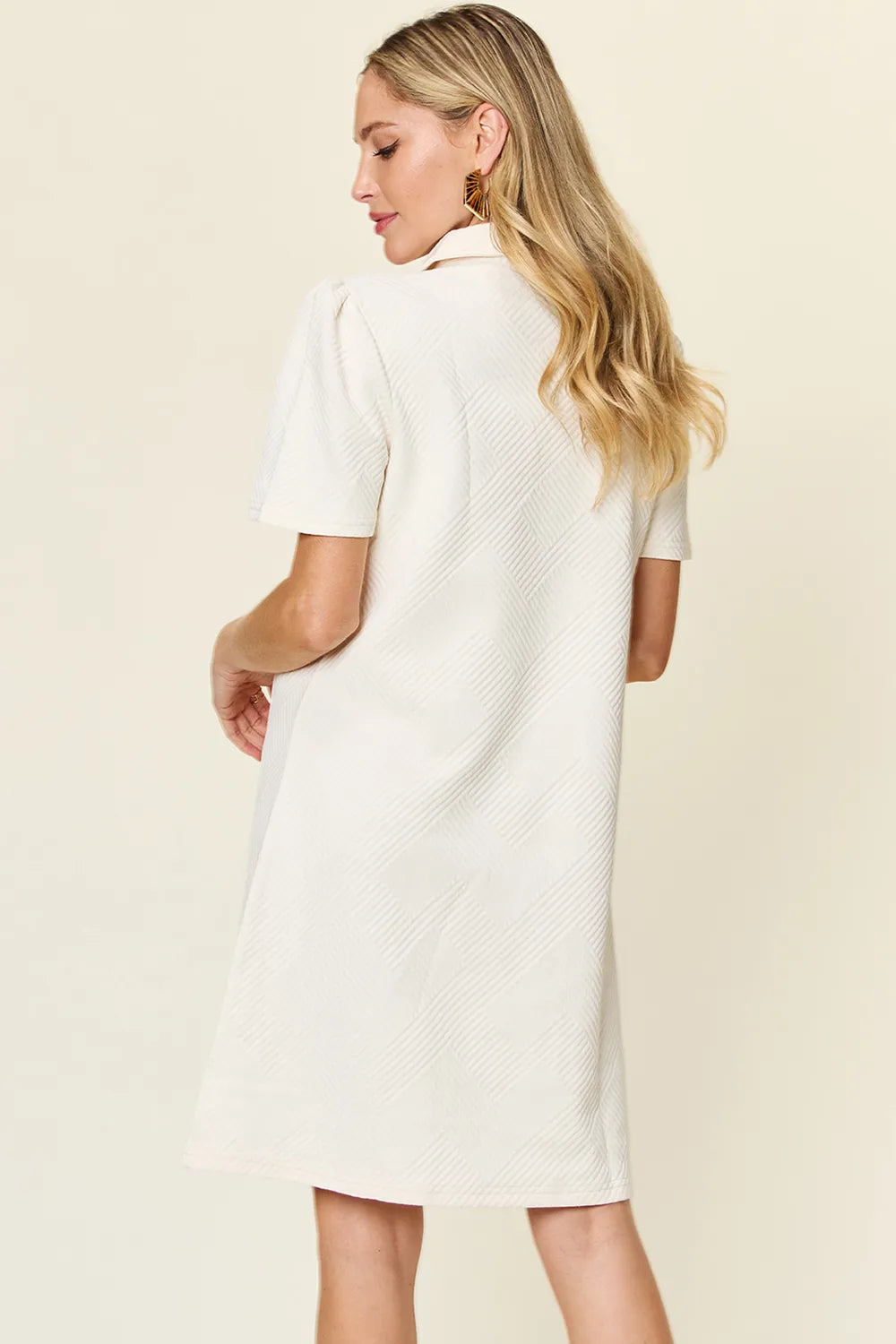 White Double Take Full Size Texture Collared Neck Short Sleeve Dress