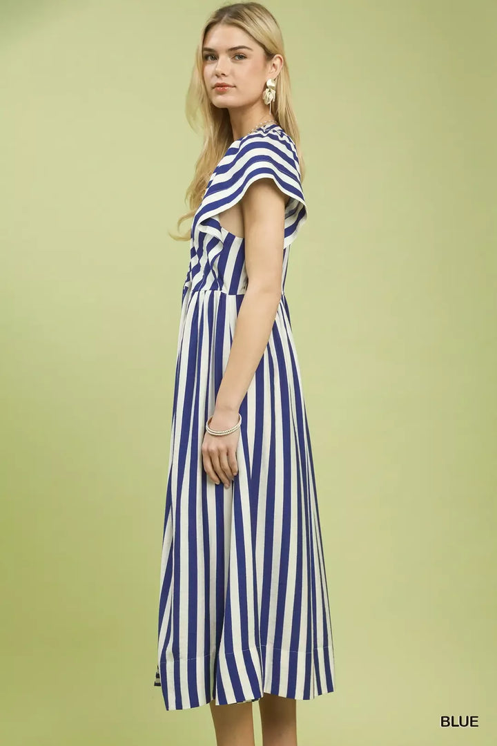 Blue Umgee Striped Button Front Midi Dress