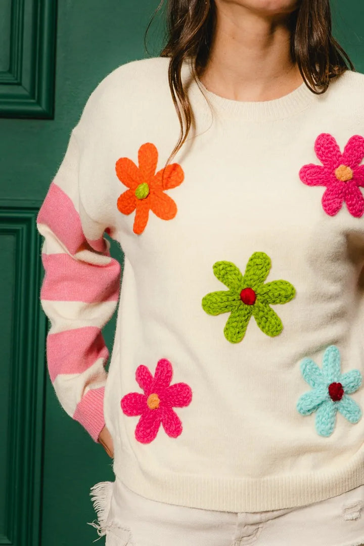 Bibi Colorful Floral Patched Sweater With Striped Sleeve