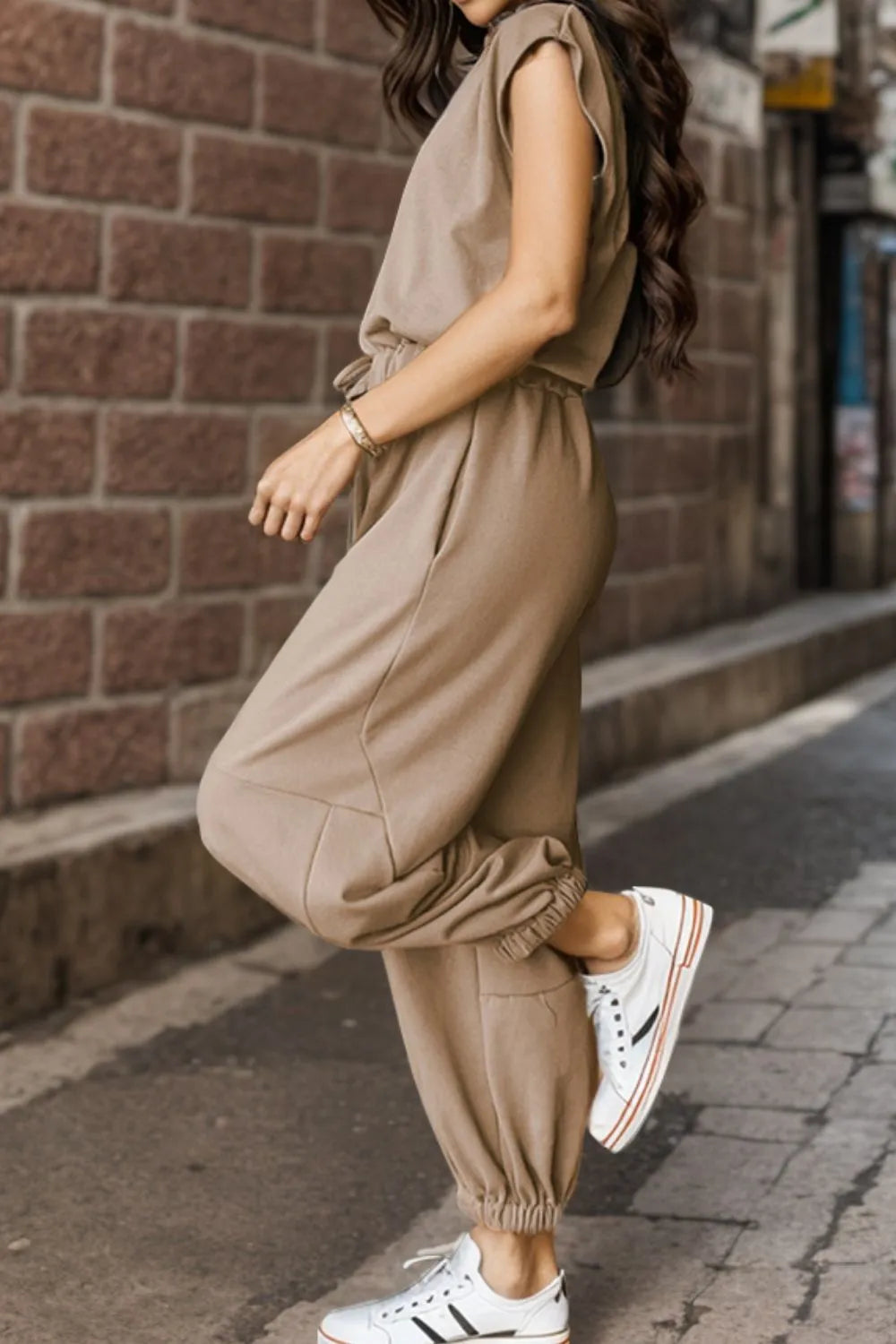 Khaki Drawstring Round Neck Cap Sleeve Jumpsuit