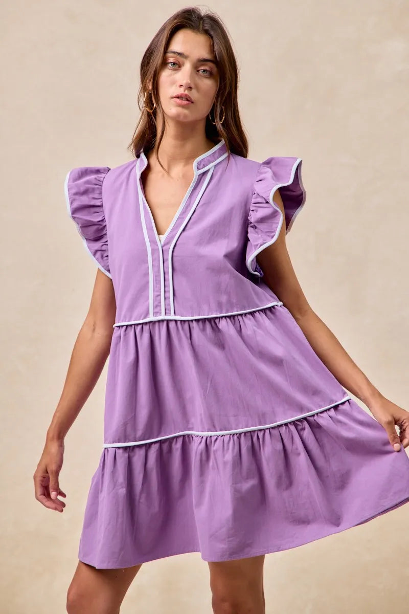 Purple Bibi Gameday Theme Contrast Binding Ruffled Dress