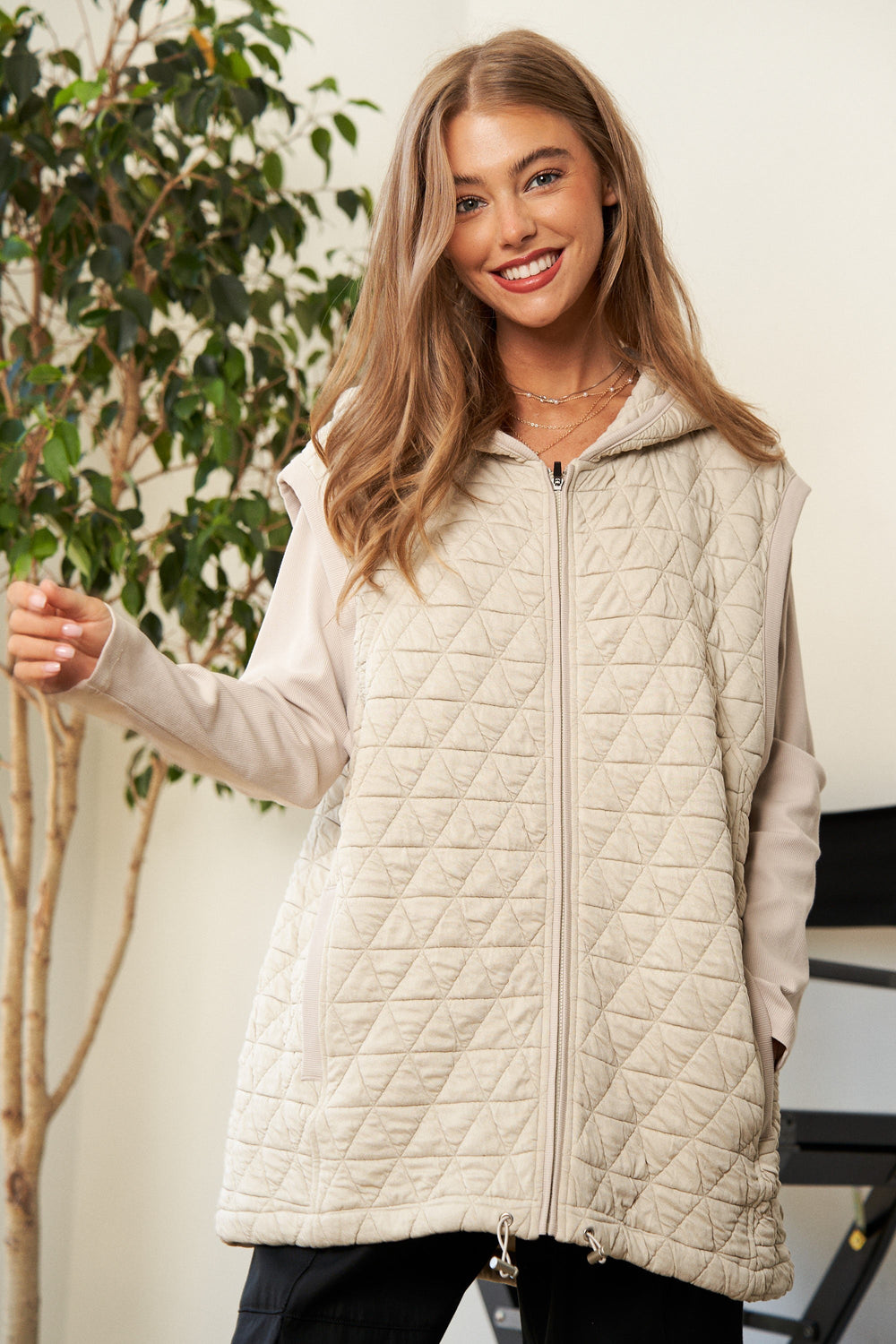 Beige Solid Long Sleeve Zipper Front Hoodie Jacket | Anekay