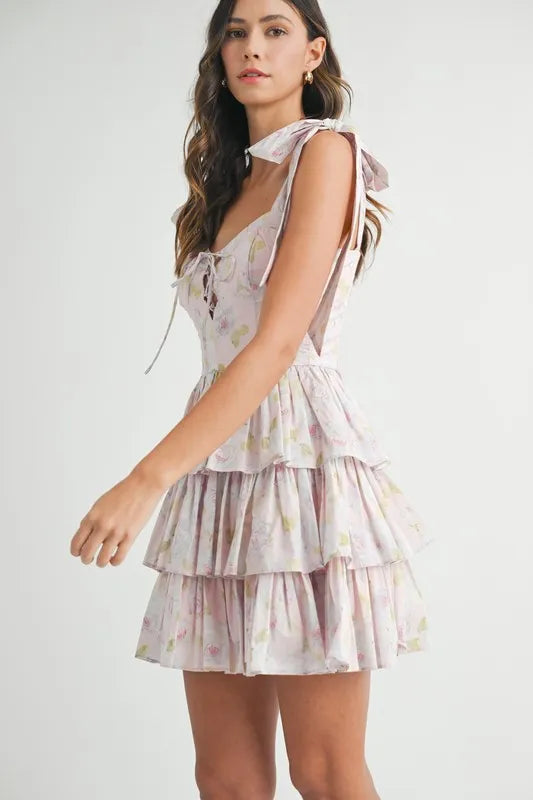 Pink Mable Floral Print Shoulder Tie Layered Mini Dress 1