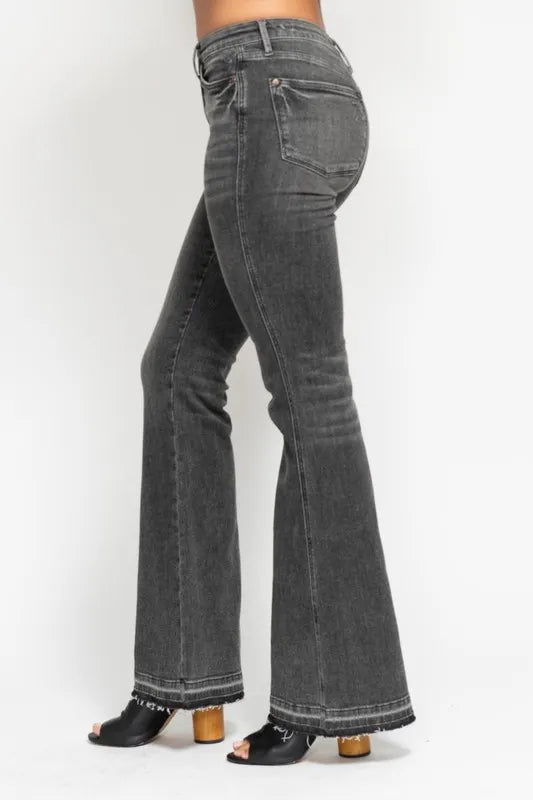 Gry Judy Blue Full Size Mid Rise Tummy Control Washed Gray Release Hem Flare Jeans Plus Size