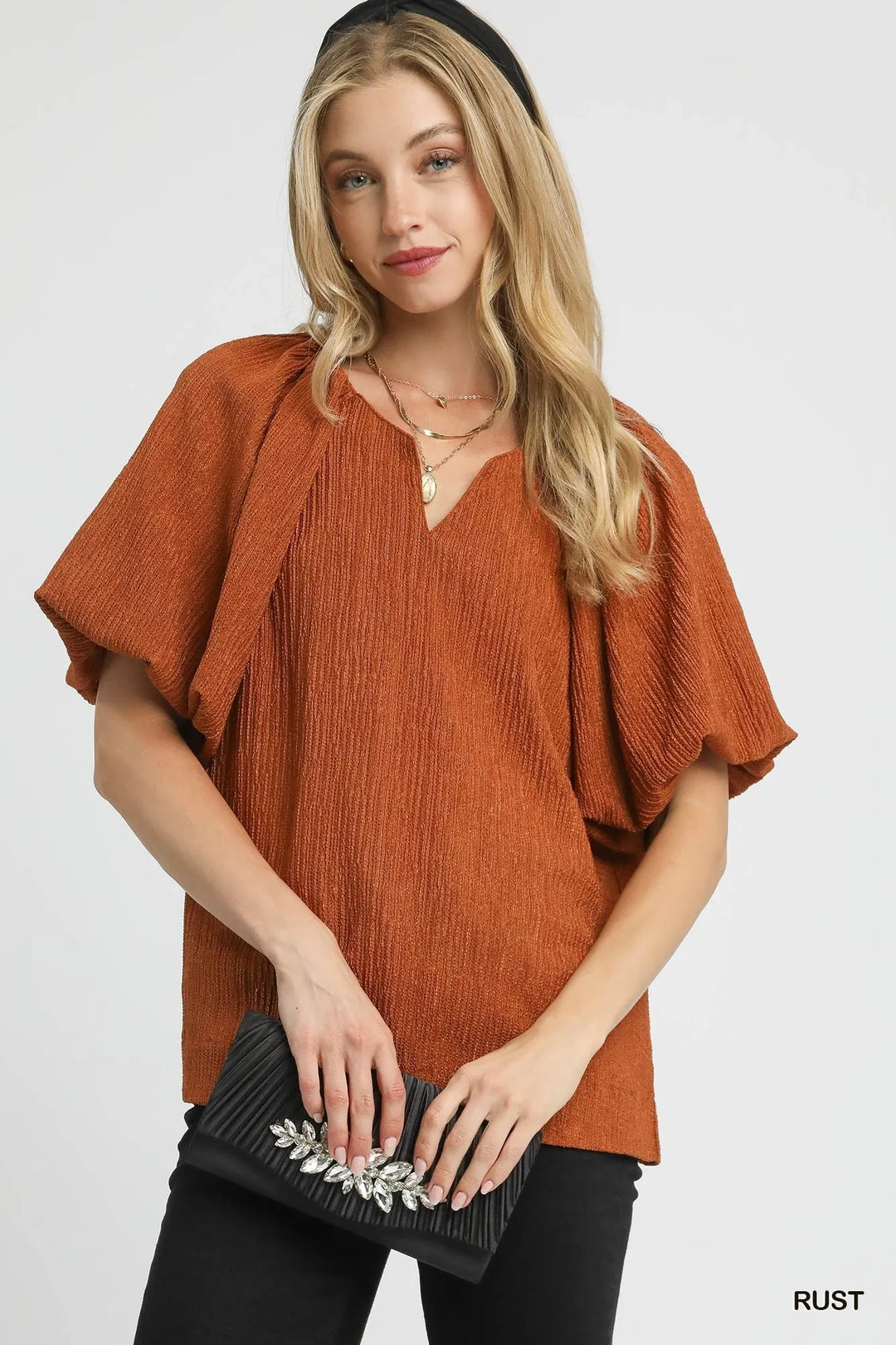 Rust Umgee Textured Flutter Sleeve Notch Neck Top