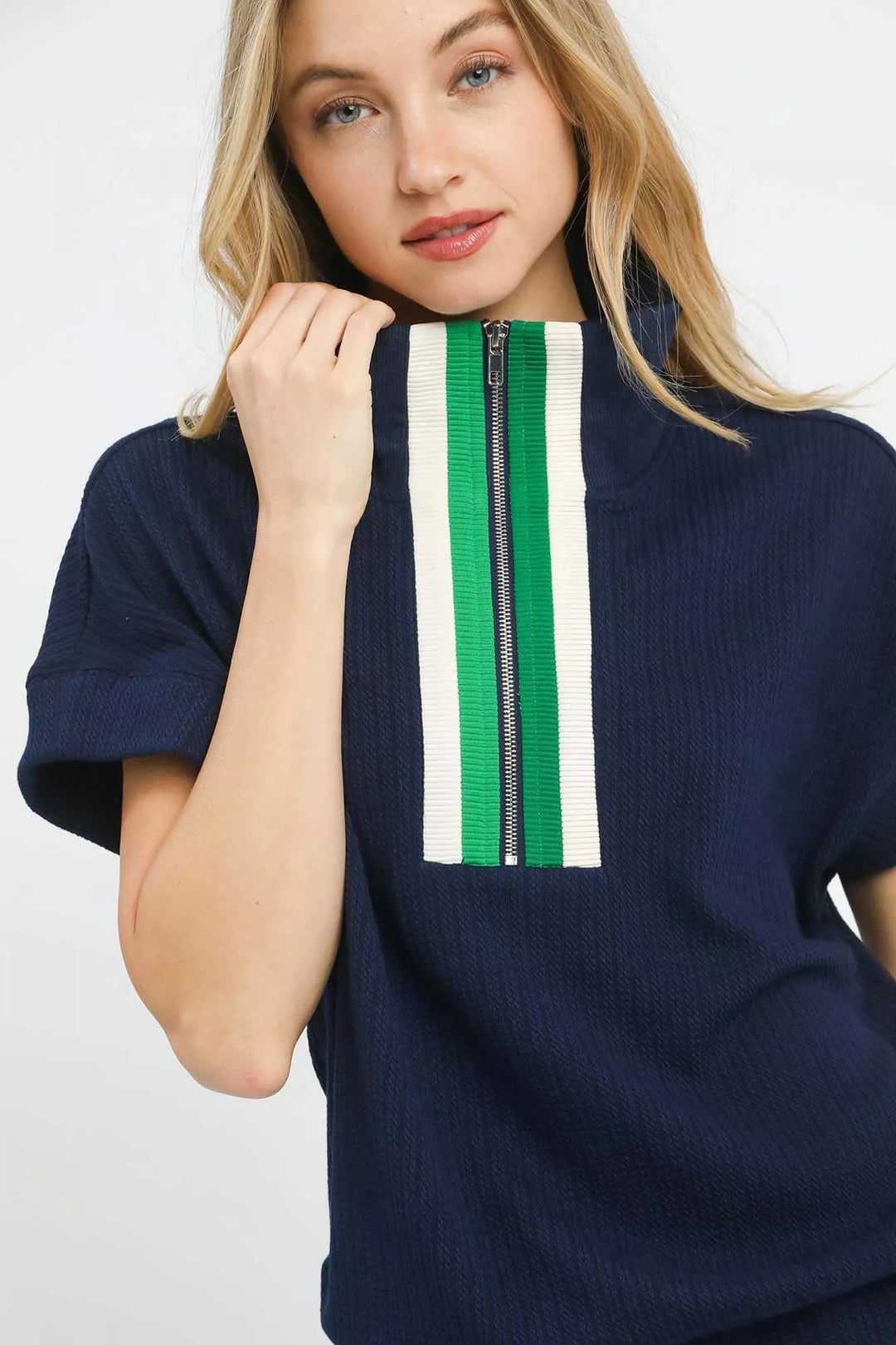 Umgee Textured Striped Zip Collar Knit Top