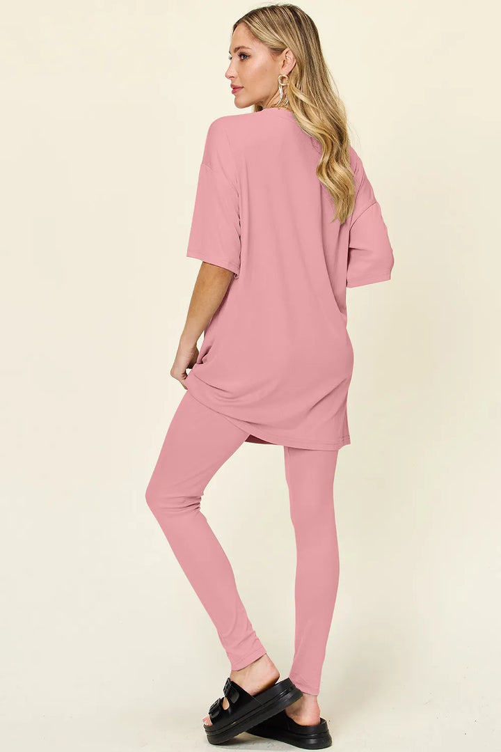 Mocha Double Take Full Size Round Neck Dropped Shoulder T Shirt And Leggings Set