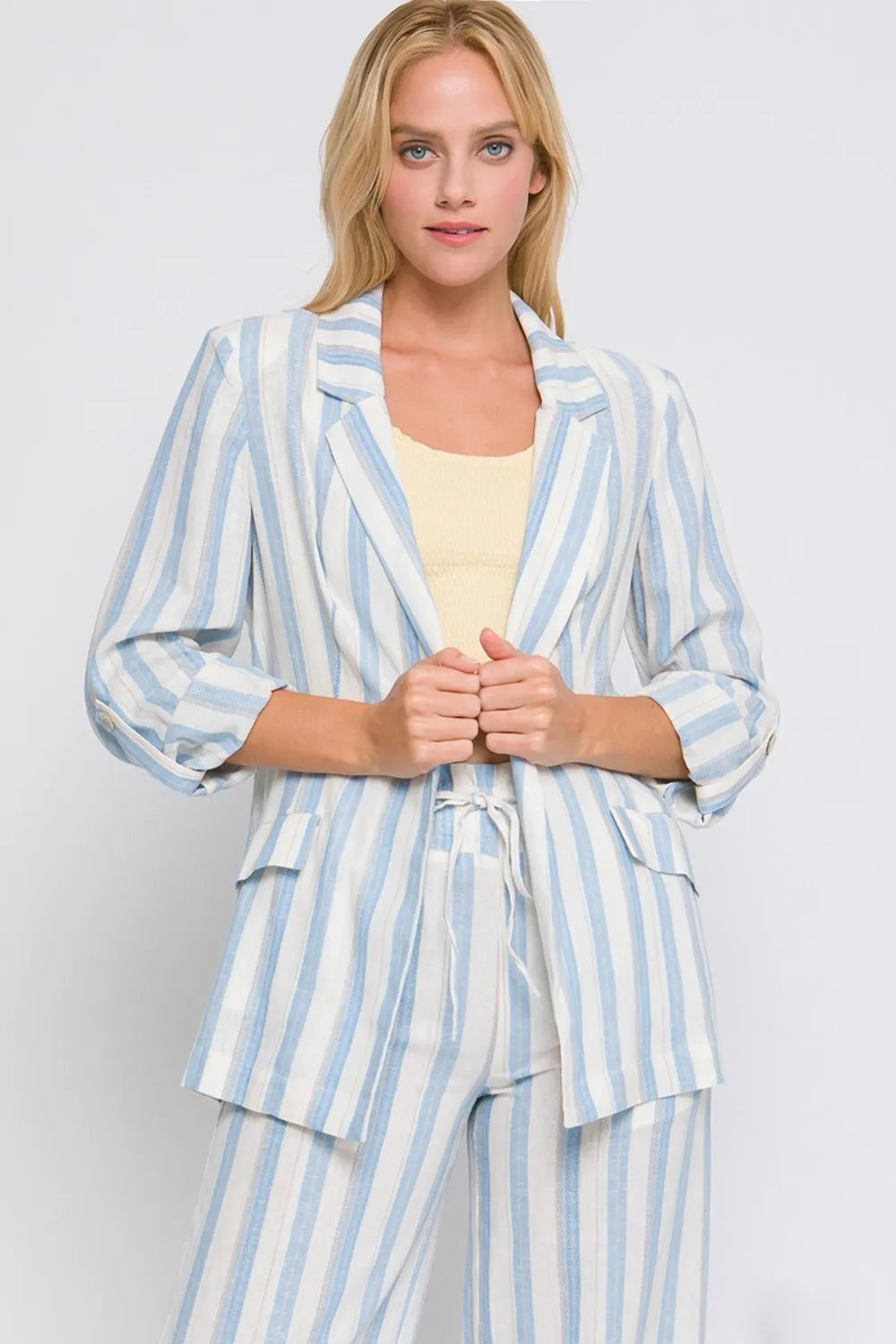 Blue Love Tree Linen Woven Striped Blazer