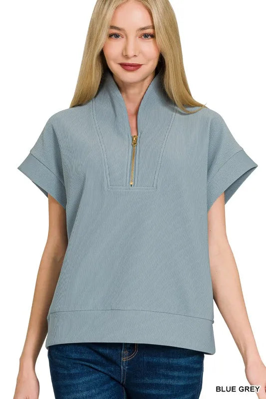 Blue Grey Zenana Ribbed High Neck Half Zip Top