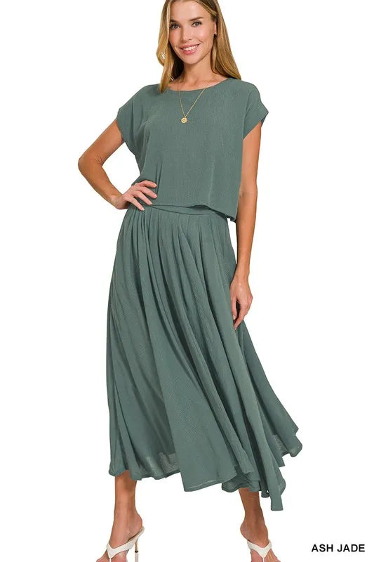 Ash Jade Zenana Woven Crinkle Gauze Crop Tee And Skirt Set