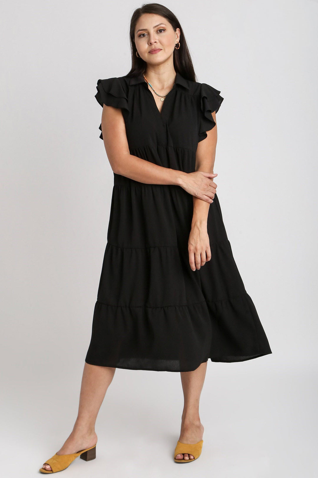 Black Umgee Full Size Johnny Collar Ruffle Cap Sleeve Tiered Dress Plus Size