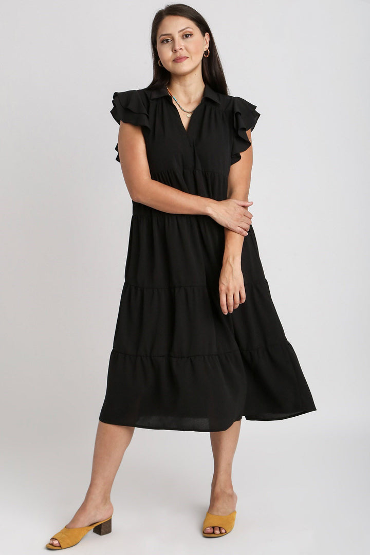 Black Umgee Full Size Johnny Collar Ruffle Cap Sleeve Tiered Dress Plus Size
