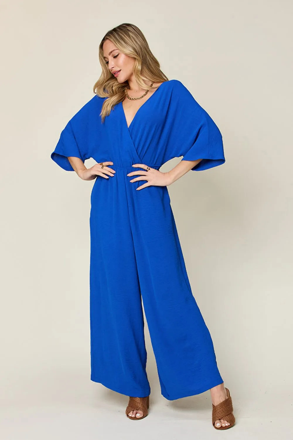 Royal  Blue Double Take Full Size Surplice Wide Leg Jumpsuit With Pockets