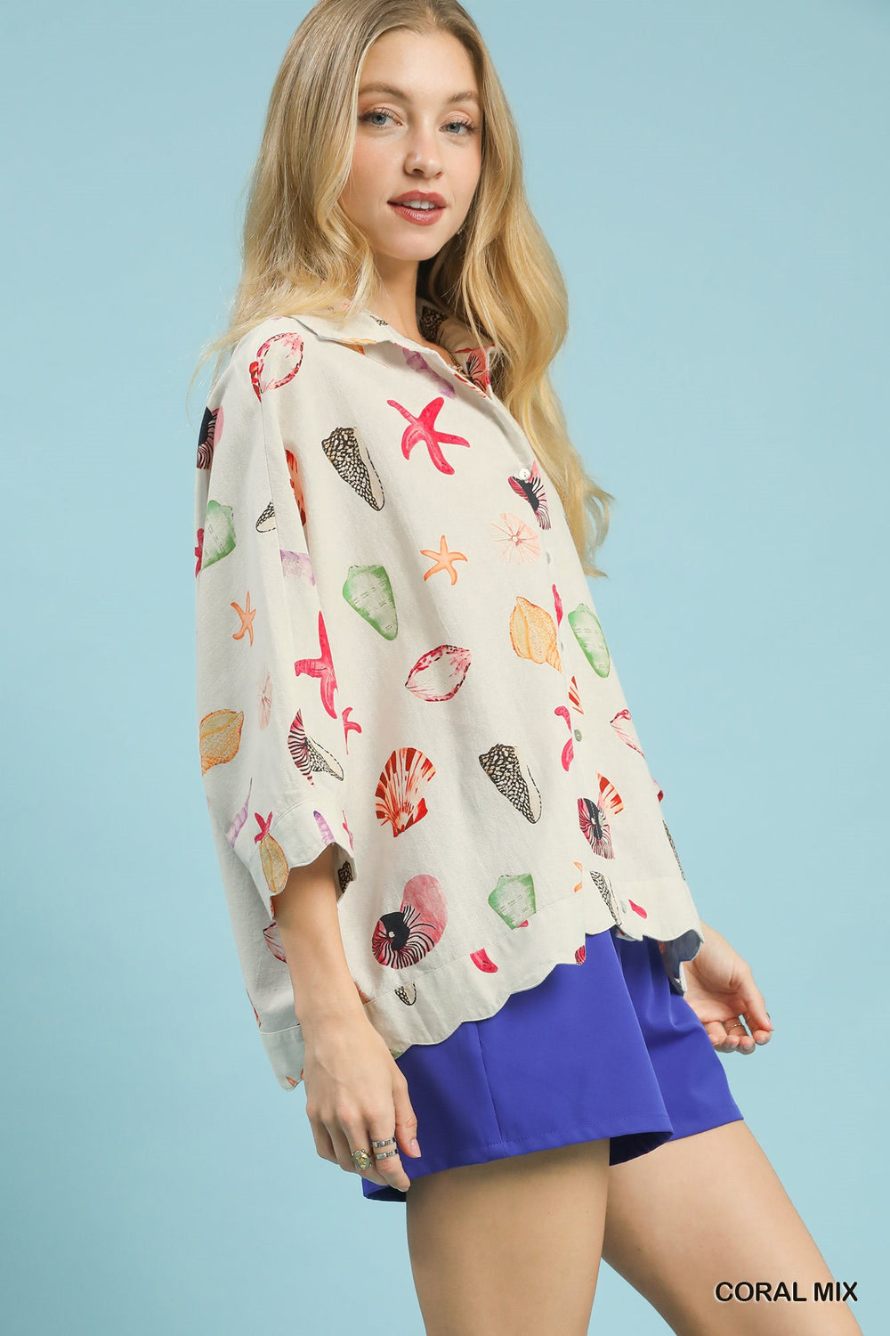 Coral Mix Umgee Seashell Starfish Print Button Down Top