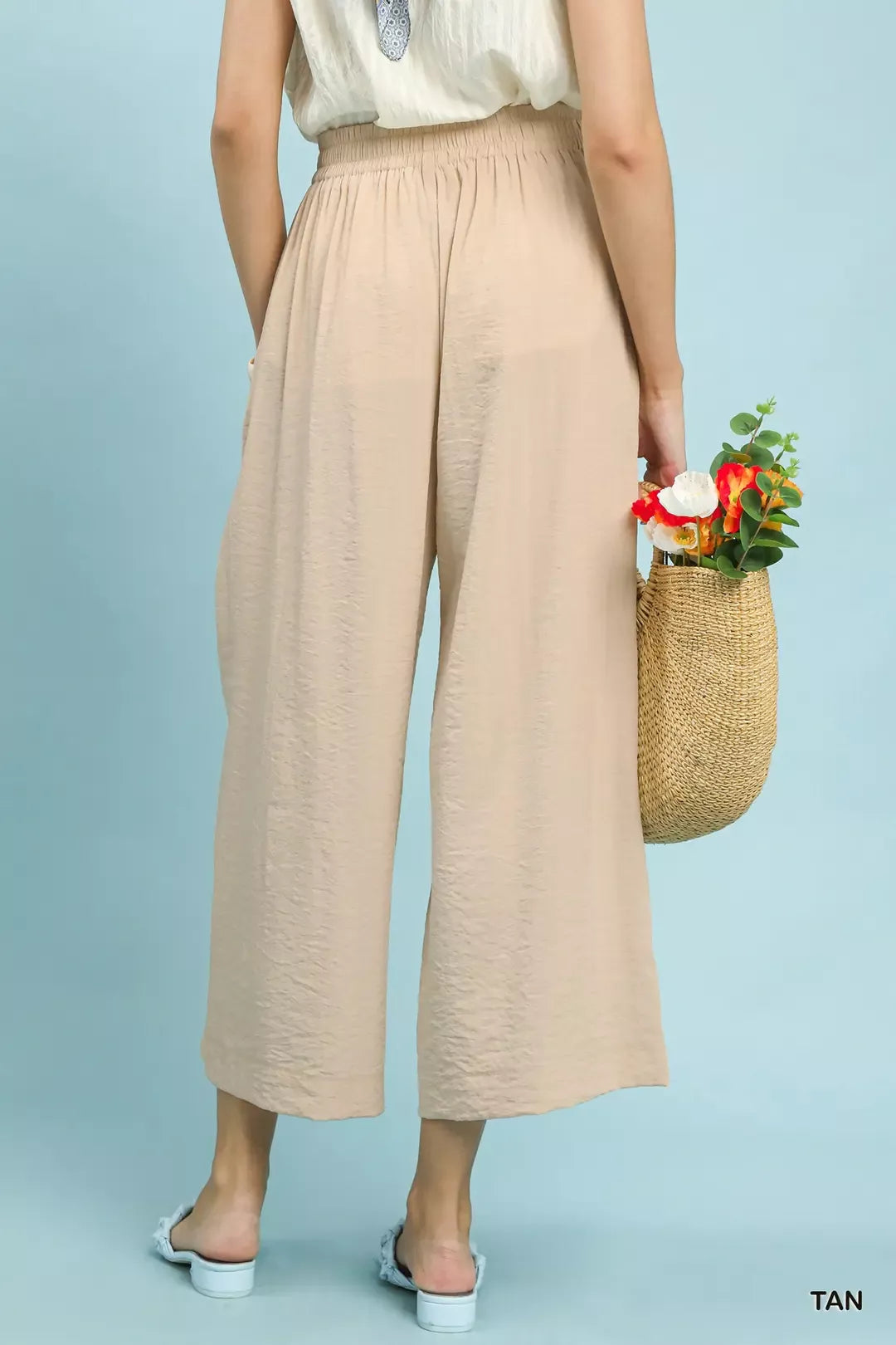 Tan Umgee Solid Pleat Wide Leg Cropped Pants