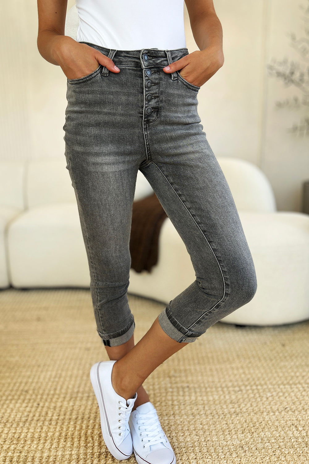 GRAY Judy Blue Full Size Button Fly High Waist Cuffed Capris