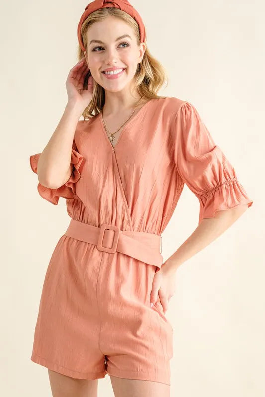 Dusty Clay And The Why Flounce Sleeves Romper With Belt