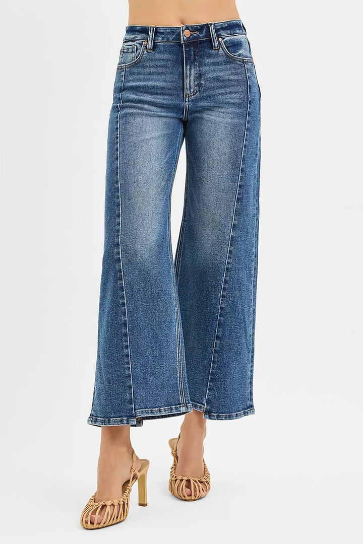 Dark Risen High Rise Crop Wide Leg Jeans With Step Hem