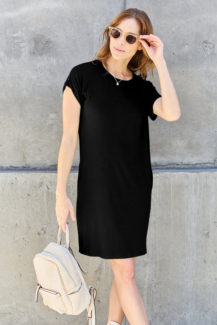 Black Basic Bae Bamboo Full Size Round Neck Short Sleeve Dress With Pockets