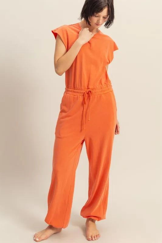Orange Hyfve Back Keyhole Round Neck Cap Sleeve Drawstring Jumpsuit 1