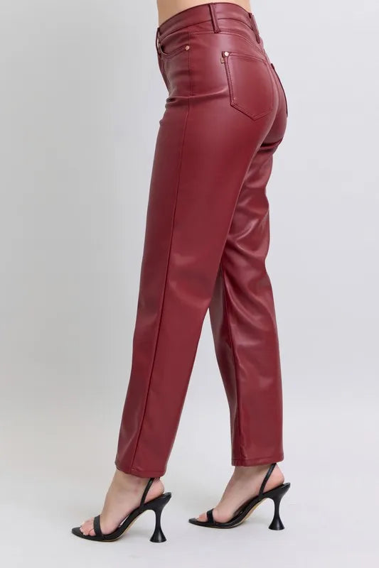 Red Judy Blue Full Size High Waist Tummy Control Faux Leather Straight Pants Plus Size