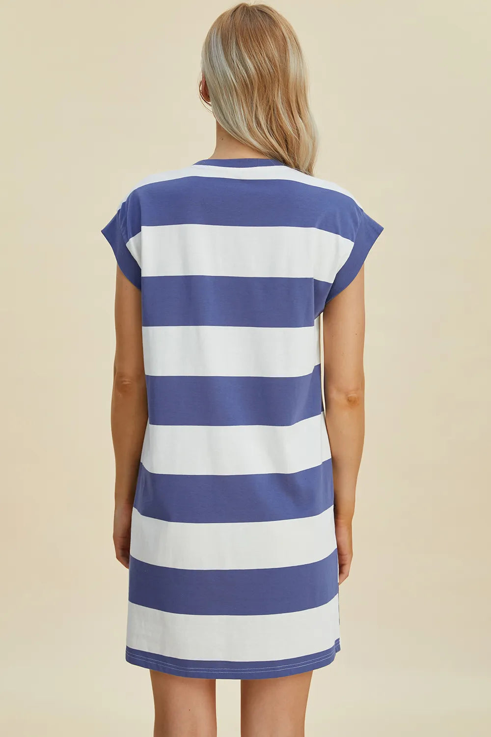 Dusty Blue Basic Bae Full Size Striped Round Neck Cap Sleeve Mini Dress