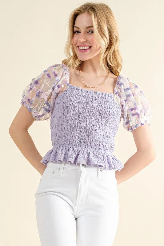 Lavender And The Why Embellishment Sleeve Smocked Top