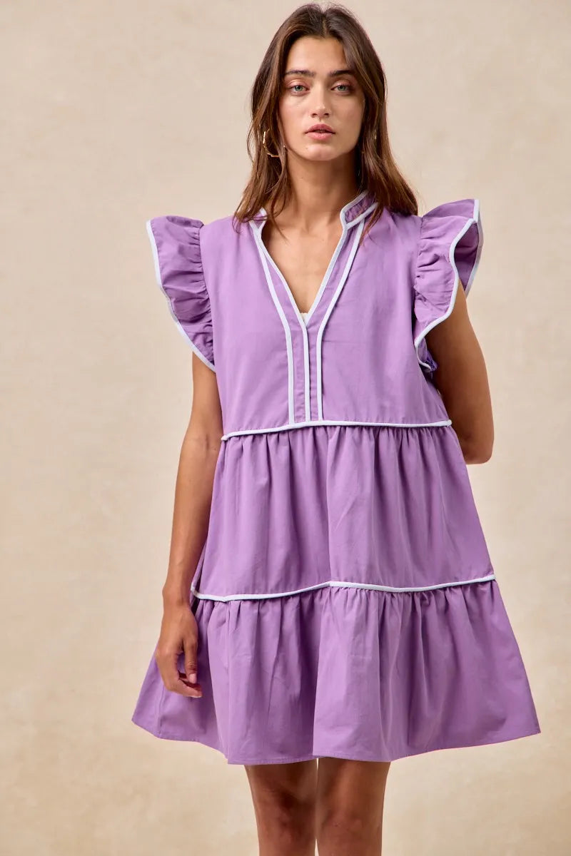 Purple Bibi Gameday Theme Contrast Binding Ruffled Dress