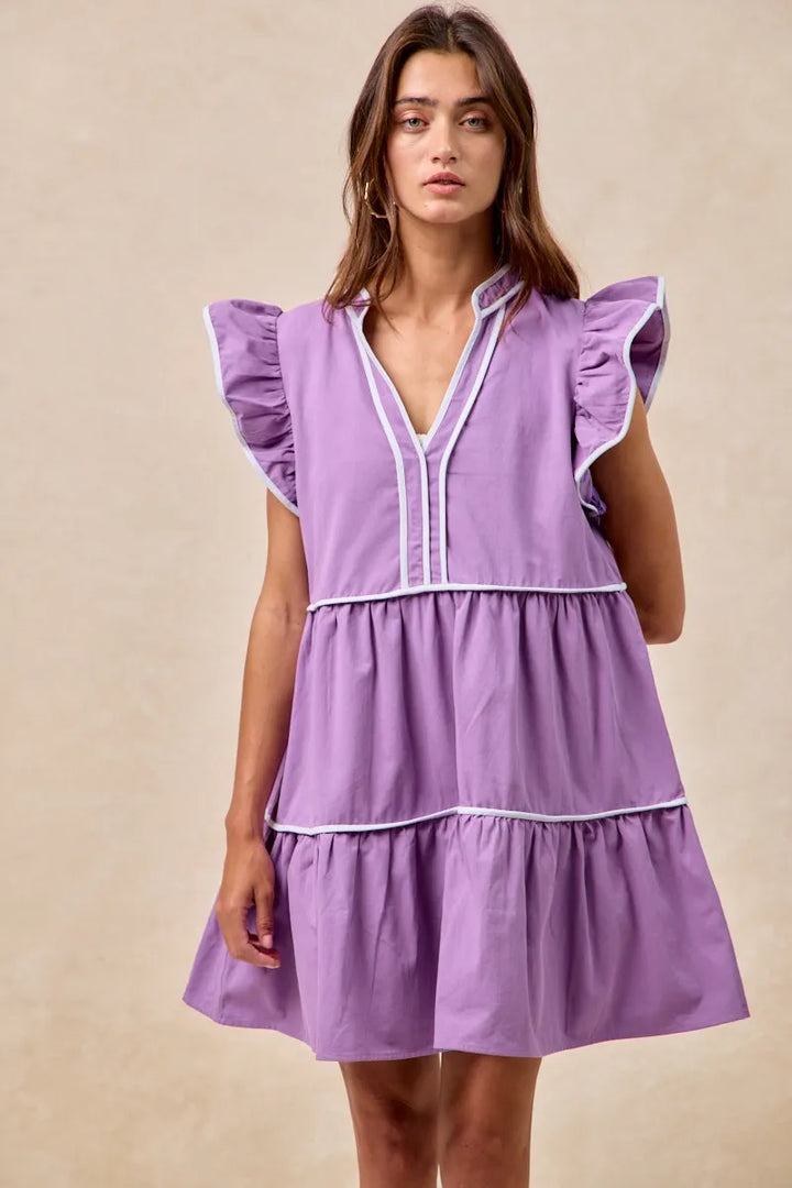 Purple Bibi Gameday Theme Contrast Binding Ruffled Dress