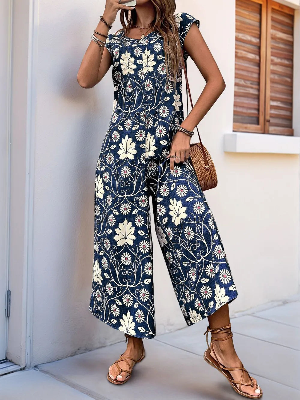 Navy Perfee Printed Round Neck Cap Sleeve Wide Leg Jumpsuit