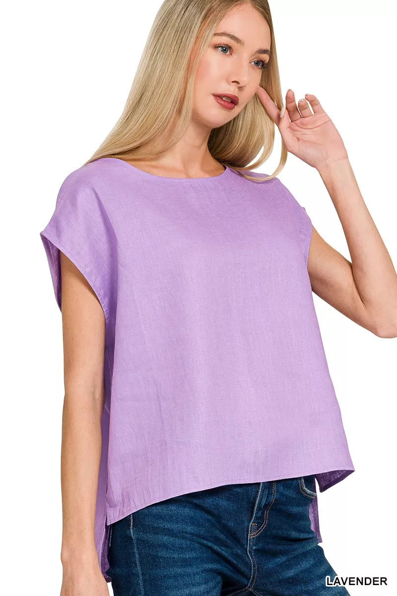 Lavender Zenana Linen Round Neck Cap Sleeve Top 1