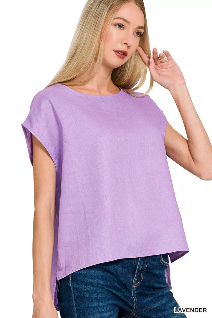 Lavender Zenana Linen Round Neck Cap Sleeve Top 1