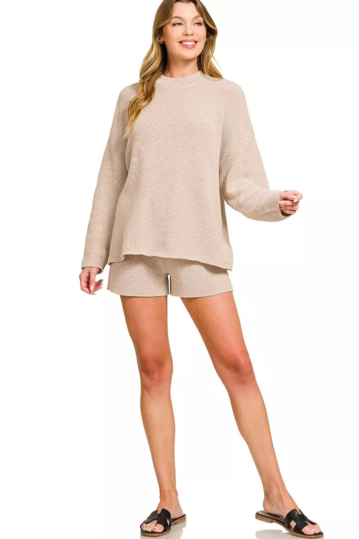 Sand Beige Zenana Round Neck Knit Top And Shorts Sweater Set 1