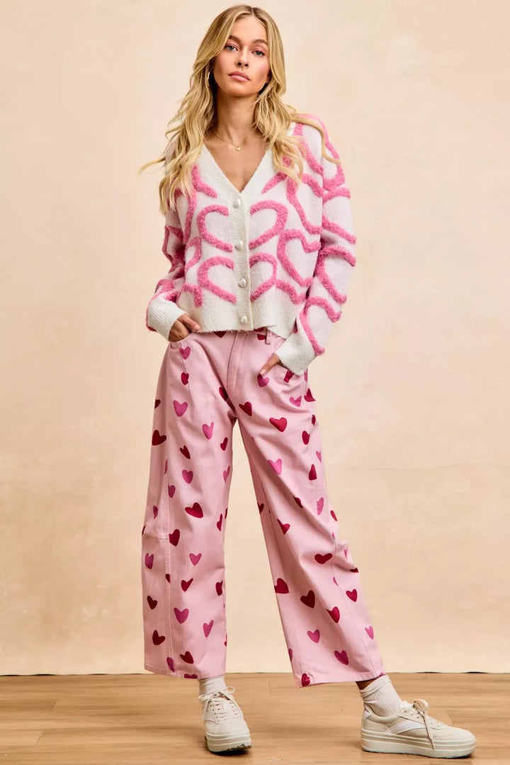 Bibi Textured Heart Buttoned V Neck Cardigan