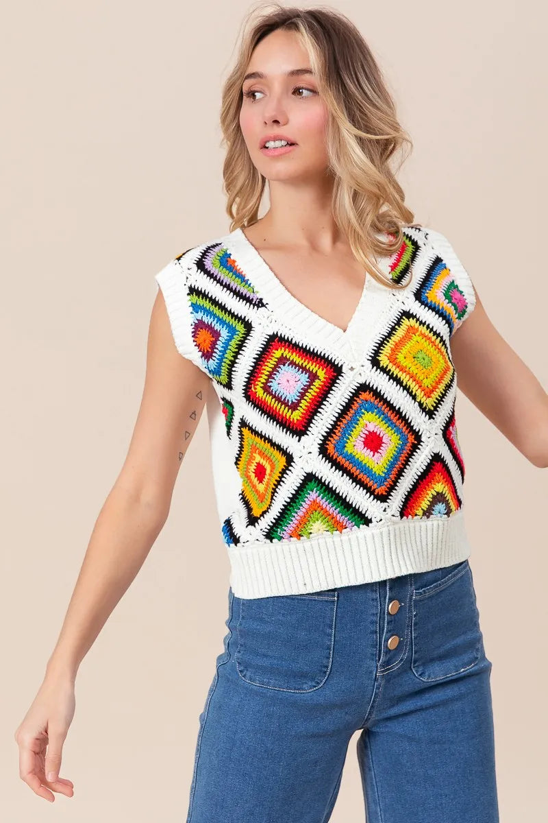 Ivory Bibi Diamond Granny Square Sweater Vest