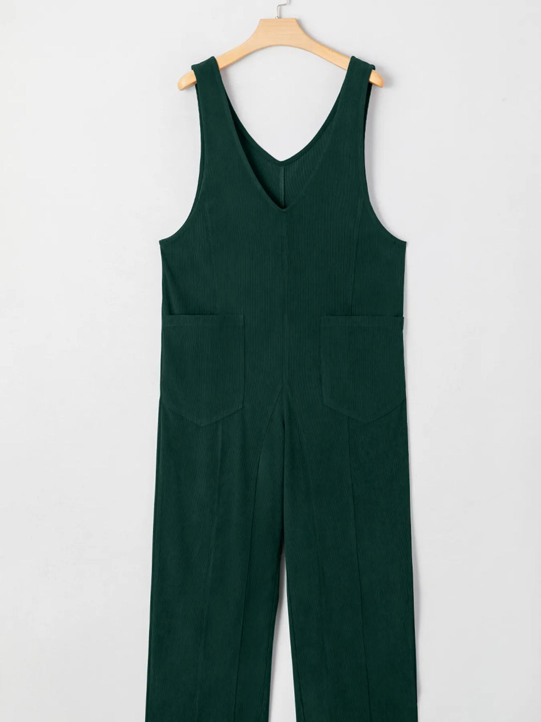 Dark Green Corduroy V Neck Patched Pocket Sleeveless Jumpsuit