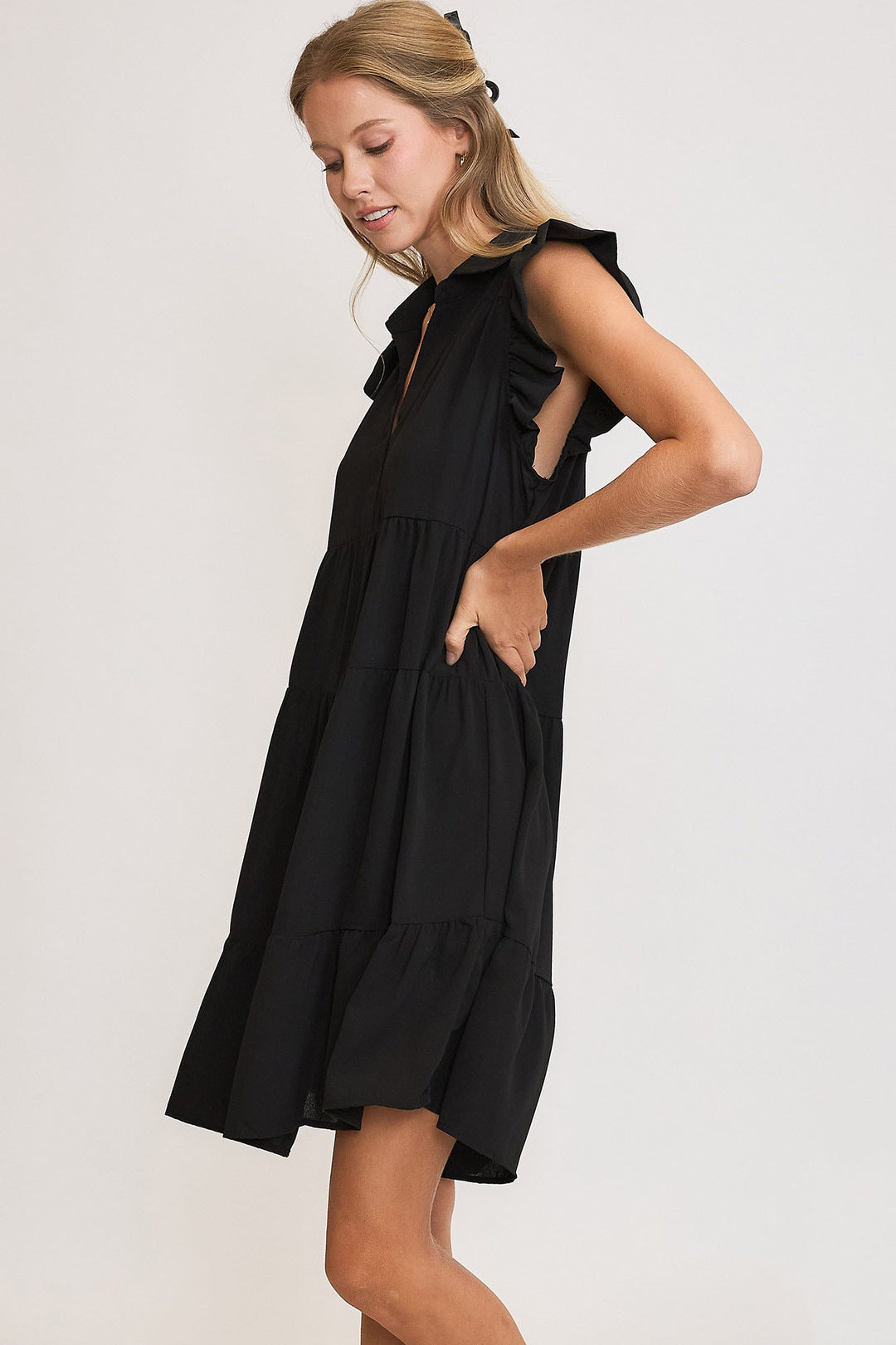 Black Umgee Full Size Johnny Collar Ruffle Cap Sleeve Tiered Dress Plus Size 1