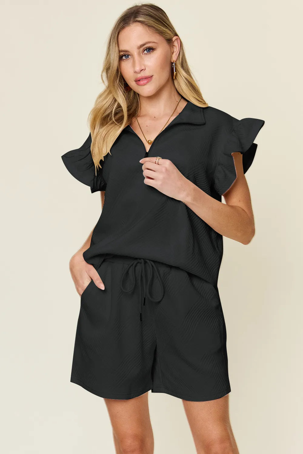 Tangerine Double Take Full Size Texture Flounce Sleeve Top And Drawstring Shorts Set