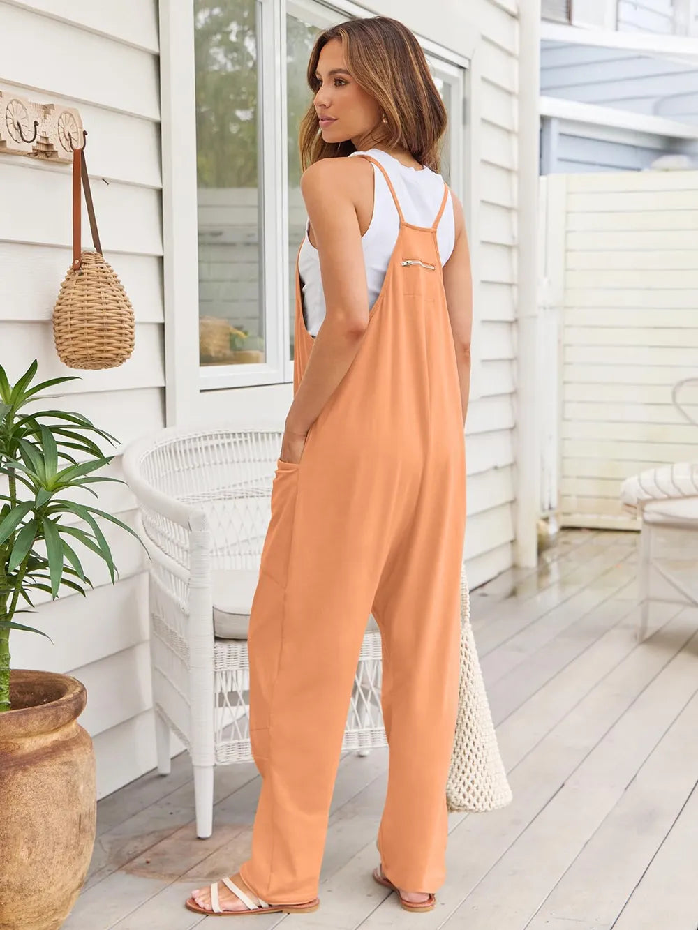 Khaki V Neck Spaghetti Strap Jumpsuit