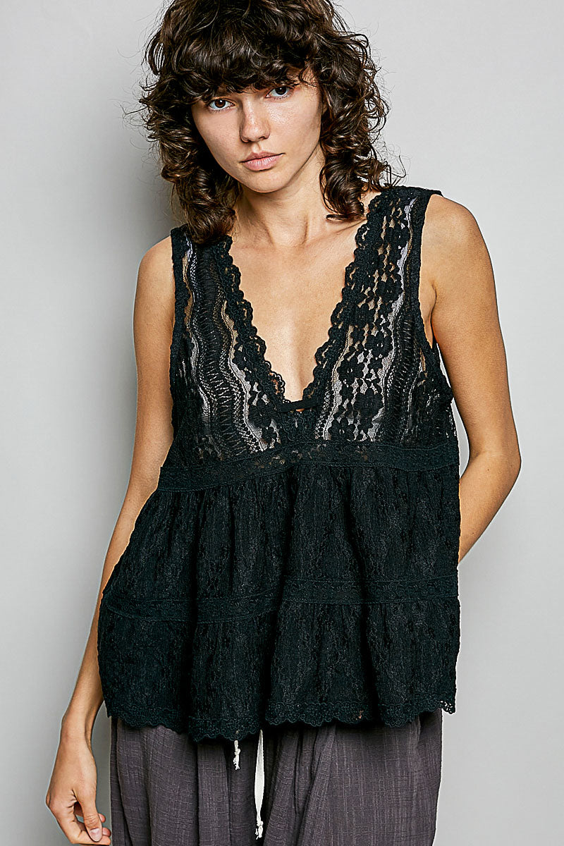 Black Pol Deep V Neck Scalloped Lace Sleeveless Top