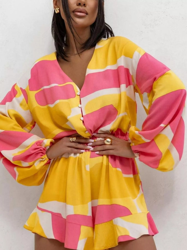 White Floral V Neck Long Sleeve Romper With Elastic Waist