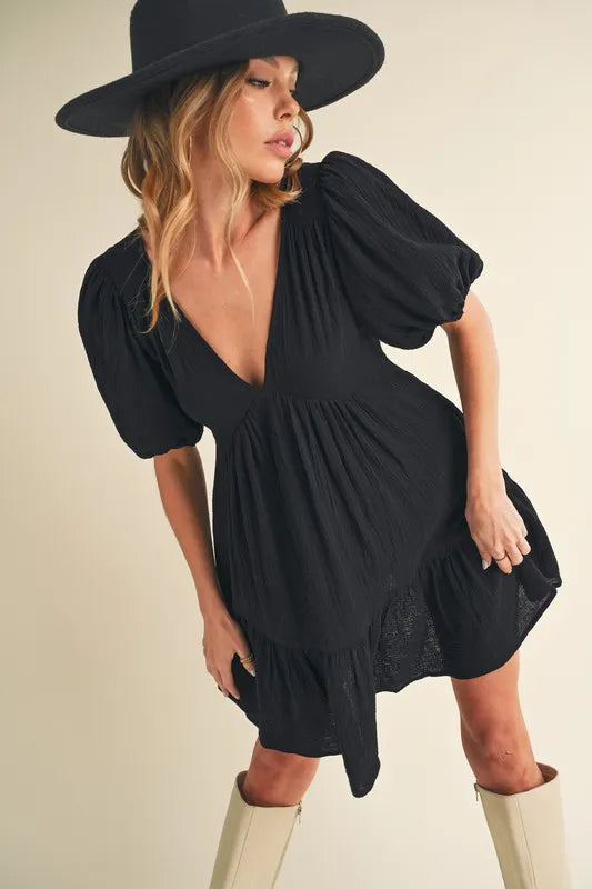 Black Aemi Co Tied Back Ruffled Short Sleeve Mini Dress 2