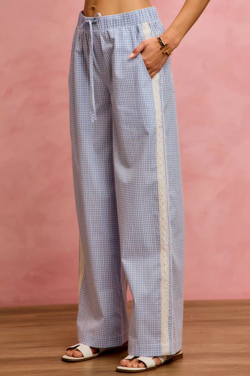 Blue So Me Wide Check Pants With Side Lace Trim And Piping