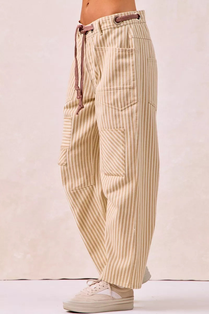 Oatmeal Bibi Drawstring Striped Twill Barrel Pants 2