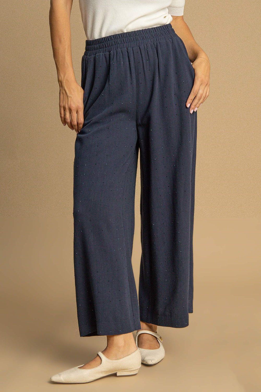Dark Blue Umgee Full Size High Waisted Embellished Linen Pants Plus Size 1