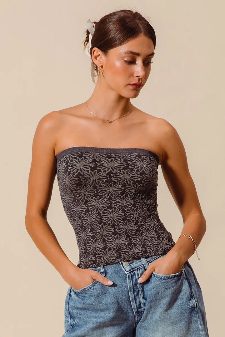 So Me Jacquard Floral Two Tone Seamless Tube Top 1
