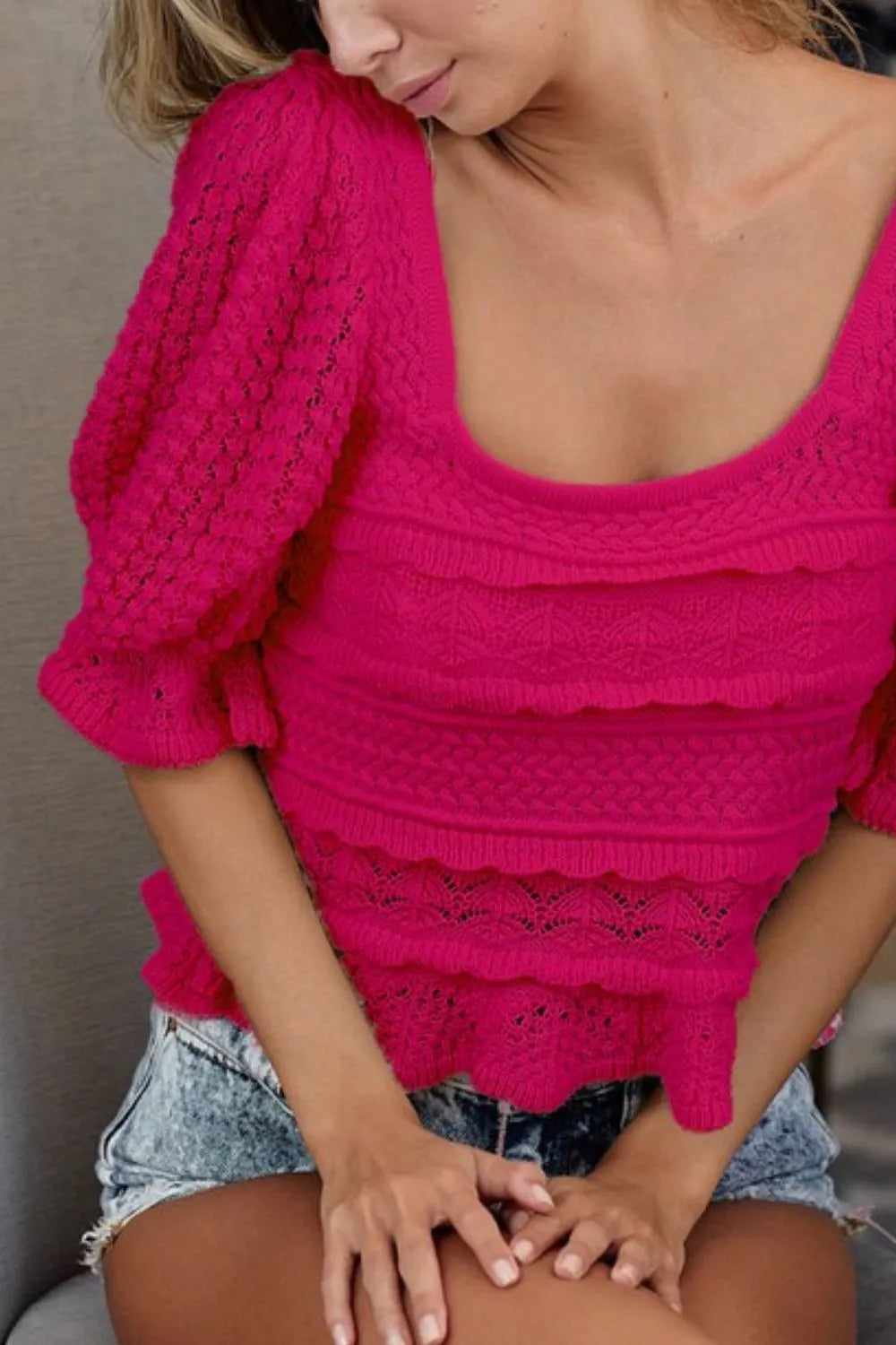Fuchsia Bibi Square Neckline With Puff Sleeve Crochet Top